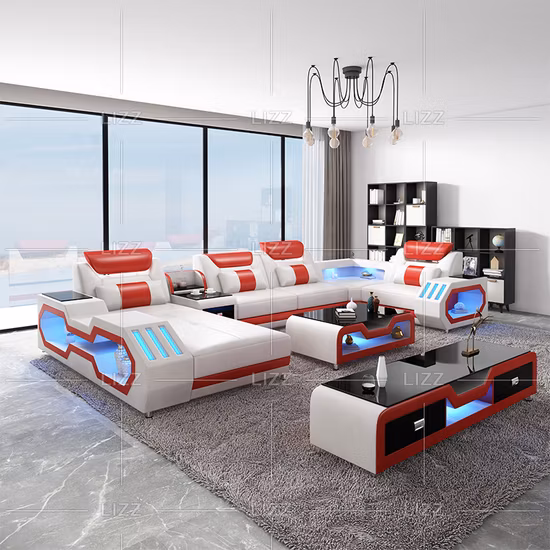 Europäisches modernes Sofa-/Couch-Set aus echtem Leder mit LED-Leuchten